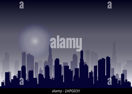 Paesaggio urbano piatto. Illustrazione del vettore. Skyline della città moderno, paesaggio urbano panoramico diurno con Edifici Silhouette e torri Skyscraper nella luna li Illustrazione Vettoriale