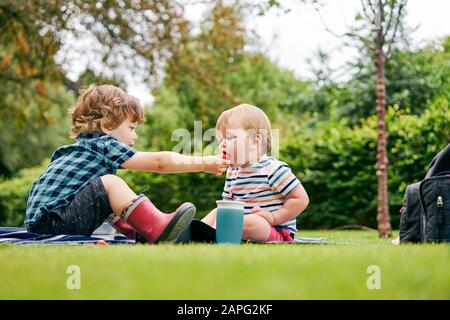 Fratelli che condividono il cibo nel parco Foto Stock