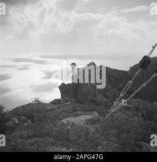 Viaggio in Suriname e le Antille Olandesi Descrizione: Charles Stellrecht alla torre sulle rocce vicino a St. Jonh su Saba Data: 1947 Località: Antille Olandesi, Saba Parole Chiave: Rocce Nome personale: Stellrecht, Charles Institution Nome: Radio Antenne Foto Stock