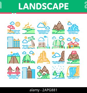 Landscape Travel Place Collection Icons Set Vector Illustrazione Vettoriale