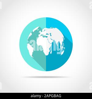 Mappa White World in design piatto con ombre lunghe. Illustrazione del vettore. Icona della mappa Simple World sul pulsante rotondo blu. Illustrazione Vettoriale