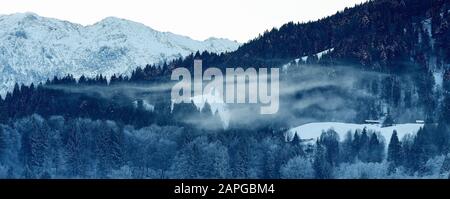 Garmisch Partenkirchen, Germania. 23rd Gen 2020. La nebbia si sposta sui prati montani nel Wettersteingebirge. Credito: Angelika Warmuth/Dpa/Alamy Live News Foto Stock