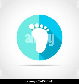 Impronta bianca umana in design piatto con ombre lunghe. Illustrazione del vettore. Semplice icona dell'impronta umana sul pulsante rotondo blu. Illustrazione Vettoriale