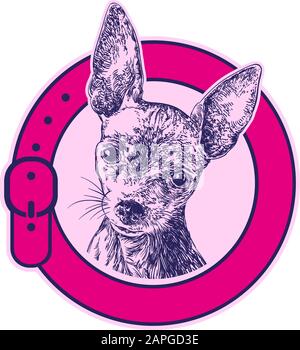 cane giocattolo russo terrier in un logo collare, disegnato a mano vettore illustrazione schizzo. Illustrazione Vettoriale