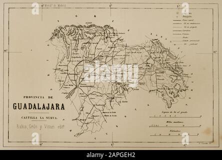 Mappa della provincia di Guadalajara, Spagna. Cronica General de España, Historia Ilustrada y Descriptiva de sus Provincias. Castilla-La Nueva, 1869. Foto Stock