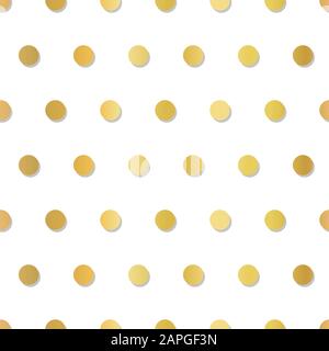 Motivo vettoriale senza cuciture 3D pois in lamina d'oro. Elegante sfondo metallico a ripetizione con cerchi dorati in rilievo su bianco. Da utilizzare per la confezione Illustrazione Vettoriale