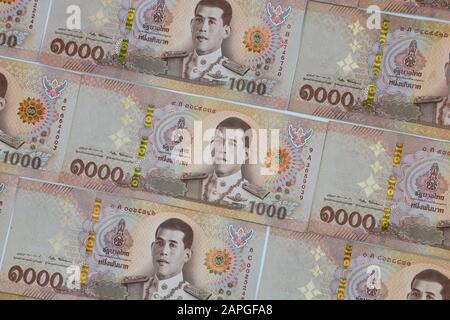 Bangkok/THAILAND - 23th Jan, 2020 : Stacks New Thailand money bank note valore 1000 baht. Foto Stock