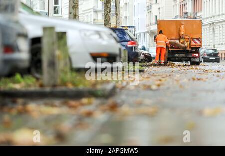 Lipsia, Germania. 18th novembre 2019. I dipendenti del servizio di pulizia della città di Lipsia rimuovono le foglie di platani da una strada nella periferia meridionale con un aspirapolvere a foglia. Credito: Jan Woitas/dpa-Zentralbild/ZB/dpa/Alamy Live News Foto Stock