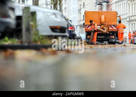 Lipsia, Germania. 18th novembre 2019. I dipendenti del servizio di pulizia della città di Lipsia rimuovono le foglie di platani da una strada nella periferia meridionale con un aspirapolvere a foglia. Credito: Jan Woitas/dpa-Zentralbild/ZB/dpa/Alamy Live News Foto Stock