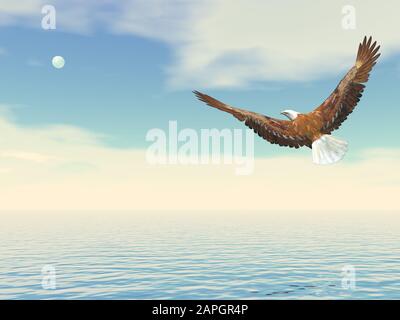 Aquila bald volare sull'oceano alla luna - 3D rendere Foto Stock