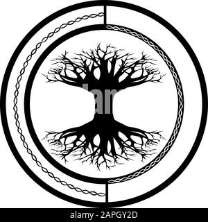 Simbolo scandinavo pagano - yggdrasil, albero del mondo - nel cerchio ornamentale Illustrazione Vettoriale