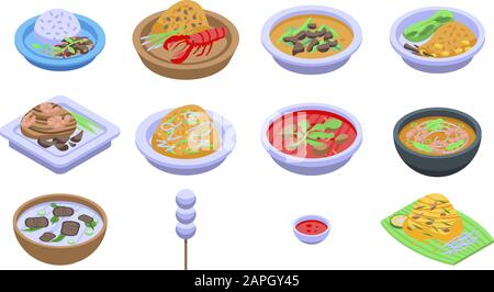 Set di icone alimentari tailandesi, stile isometrico Illustrazione Vettoriale