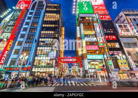 TOKYO, Giappone - 7 Maggio 2017: folle passano attraverso Kabukicho nel quartiere di Shinjuku. La zona è un divertimento e il quartiere a luci rosse. Foto Stock