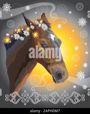 Cavallo marrone, vettore colorato realistico illustrazione. Ritratto di cavallo con fiori in mante isolato su sfondo arancio e grigio gradiente con neve Illustrazione Vettoriale