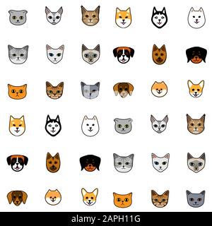 Cute sfondo cartone animato o modello con diversi volti di cane e gatto Illustrazione Vettoriale