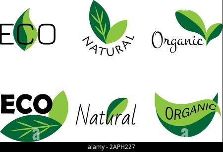 Set di sei eco emblemi, foglie verdi testo - eco, naturale e organico Illustrazione Vettoriale