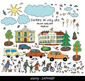 Doodles strada sity oggetto persone auto case sole isolato oggetti Illustrazione Vettoriale