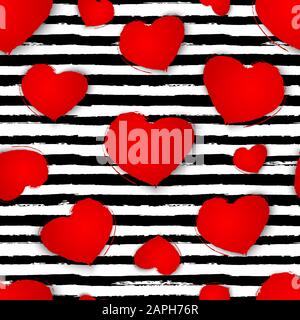 Motivo senza cuciture con cuori rossi su sfondo a strisce bianche e nere. Illustrazione del vettore Illustrazione Vettoriale