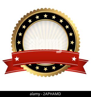 modello pulsante rotondo con banner rosso isolato su sfondo bianco Illustrazione Vettoriale
