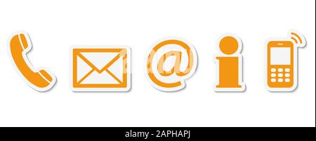 Contattaci - set di giallo le icone colorate con cornice bianca e ombra Illustrazione Vettoriale
