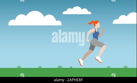 Donna con coda di ponytail jogging su un prato verde piatto design Foto Stock