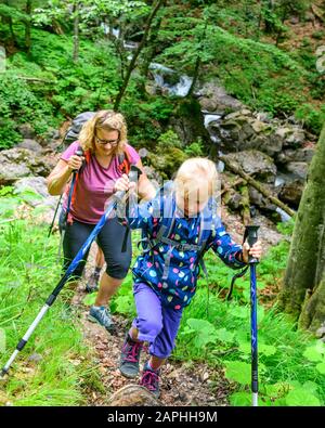 Junge Familie mit kleinen Kindern beim Wandern in den Bergen Foto Stock