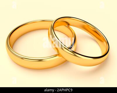 Due anelli d'oro per matrimoni si trovano l'uno sull'altro. rendering 3d Foto Stock