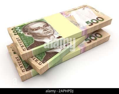 Stack di hryvnia ucraino denaro issolato su bianco. Concetto di business. rendering 3d Foto Stock