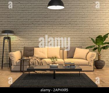 Interno vuoto muro di notte, luce bianca soffusa modalità. Rendering 3D Foto Stock