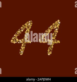 44 numero di glitter dorati. Alfabeto latino freddo. Idea oro liquido. Scritto a mano, moderno. ABC vettore. Calligrafia latina. Illustrazione Vettoriale
