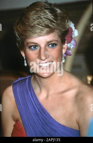 HRH Princess Diana arriva per cena al Grand Palace indossando un abito Catherine Walker durante il suo Tour reale della Thailandia Febbraio 1988 Foto Stock