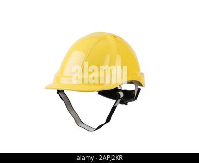 Giallo casco di sicurezza isolati su sfondo bianco Foto Stock