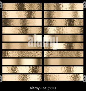 collezione di diversi tipi di texture oro. illuminazione diversa, spazzolato e martellato effetto di vari tipi. immagine di rendering 3d. concetto di lusso a Foto Stock