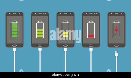 Set di smartphone con indicatori del livello di carica della batteria e collegamento del caricabatteria. Illustrazione Vettoriale