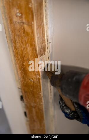 Dettaglio della rimozione della vecchia vernice bianca dal telaio della porta con pistola termica e raschietto Foto Stock