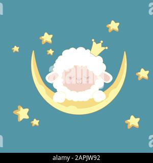 Sleepy pecora su sfondo notte con luna, stelle Illustrazione Vettoriale