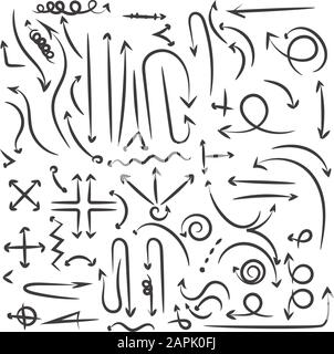 frecce disegnate a mano. Set di doodle freccia su sfondo bianco Illustrazione Vettoriale