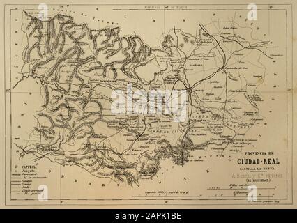 Mappa della Provincia di Ciudad Real, Spagna. 19th secolo. Cronica General de España, Historia Ilustrada y Descriptiva de sus Provincias. Castilla-La Nueva, 1869. Foto Stock