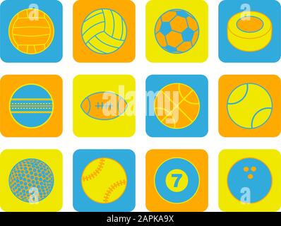 Set di icone dal design piatto che mostra palline di diversi sport Illustrazione Vettoriale