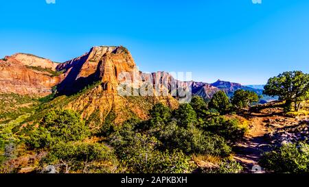 Vista della Shuntavi Butte e di altre Cime della roccia rossa del Kolob Canyon, parte del Zion National Park, Utah, Stati Uniti. Vista dal Timber Creek Lookout Foto Stock