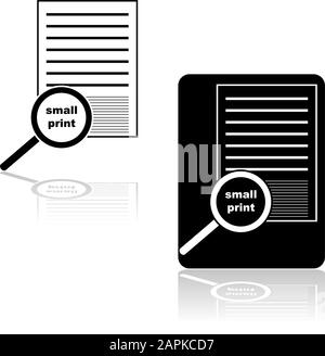 Set di icone che mostra una lente di ingrandimento sulla piccola stampa di un documento o di un contratto Illustrazione Vettoriale