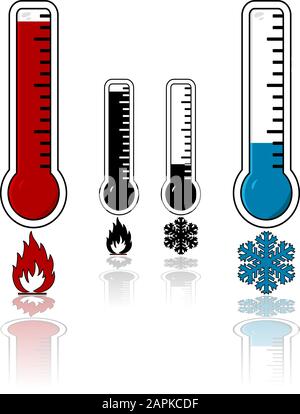 Set di icone che mostra un termometro ad alta temperatura e uno che registra le temperature fredde Illustrazione Vettoriale