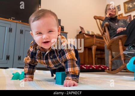Bambino di sette mesi che strisciare felicemente nel soggiorno; nonna seduta sullo sfondo Foto Stock