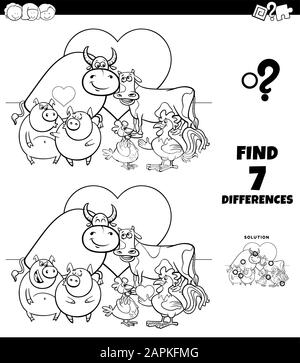 Contenitore bianco e nero Illustrazione di Trovare Differenze Tra immagini gioco educativo per bambini con Funny Farm Animal Personaggi in Love o Illustrazione Vettoriale