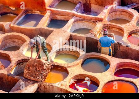 Pelle che muore in una conceria tradizionale nella città Fes, Marocco Foto Stock