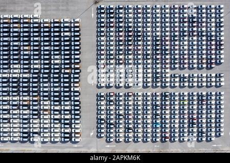 Aereo vista dall'alto nuove auto allineate nel porto per import export business logistica e trasporto via nave in mare aperto. Auto nuova dalla fabbrica Foto Stock