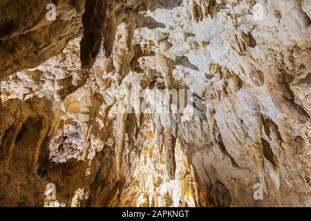 Nuova Zelanda, Oceania, Isola del Nord, Grotte di Waitomo, Grotta di Ruakuri, stalattiti e formazioni calcaree in grotta Foto Stock