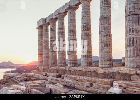 Antica rovina del tempio di Poseidone, Capo Sunio, Attika, Grecia Foto Stock