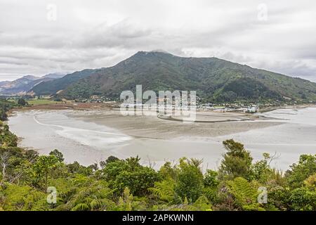 Nuova Zelanda, Marlborough Region, Havelock, villaggio costiero sulla riva del Pelorus Sound Foto Stock