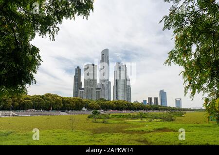 Splendida vista su edifici moderni vista dalla zona verde ecologica di Puerto Madero, Buenos Aires, Argentina Foto Stock